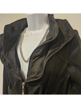 Joseph Ribkoff Black Zip Jacket Ruffled Collar Organza-Look Fabric Elegant